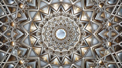 Intricate geometric patterns reflected in a modern silver mirror, creating a stunning optical illusion with symmetrical shapes and kaleidoscope-inspired design elements.