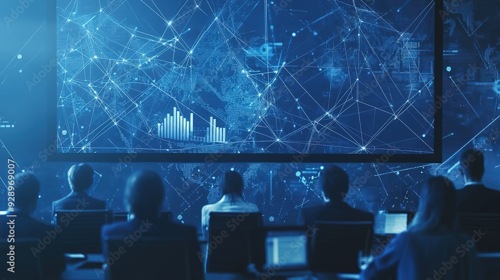 Poster data analysts reviewing visual data projections in a modern conference room with advanced technology