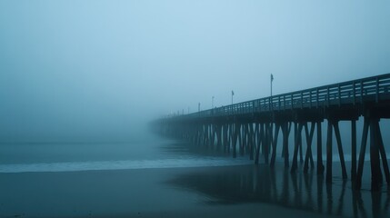 Obraz premium A foggy pier stretching into the misty distance, creating a serene and mysterious atmosphere.
