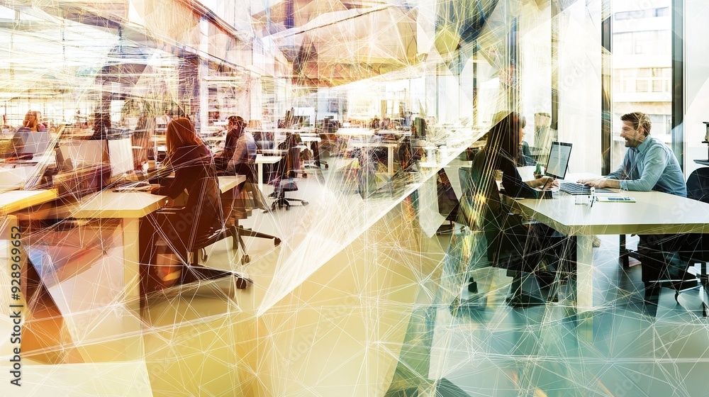 Poster modern office environment with collaborative workspace during daylight in a busy urban setting