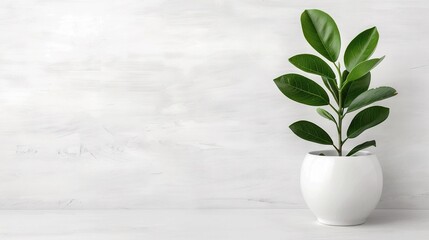   A potted plant in a white vase sits on a white table against a white wall, creating a serene and elegant atmosphere