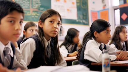 Fototapeta premium Students intently listening to a classroom lesson, highlighting educational engagement and focus in learning.