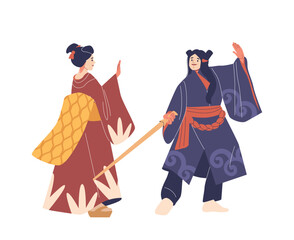 Two People In Traditional Japanese Clothing Performing Dance Movements, Cartoon Vector Illustration