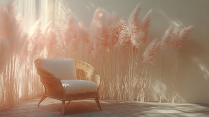 Cozy Minimalist Living Room with Beige Armchair and Dried Pampas Grass.