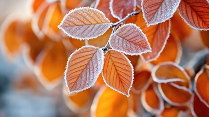 Obraz premium Beautifully colored nature with bright orange leaves covered with frost in late autumn or early winter. The generation of AI.