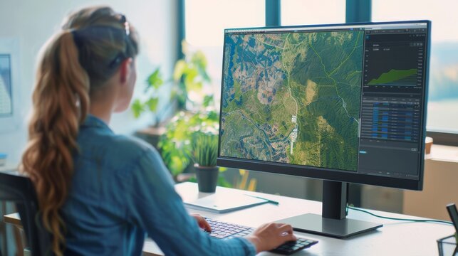 An individual carefully examines geographic data on a large monitor in a sunlit room, emphasizing spatial analysis and map interpretation.