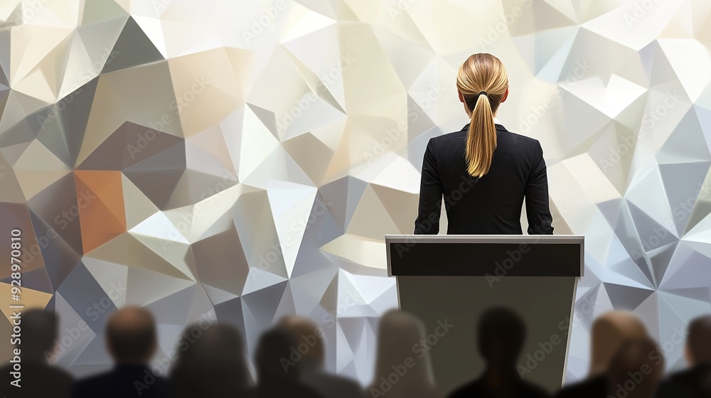 Poster professional speaker addressing an audience at a conference event with a modern abstract backdrop