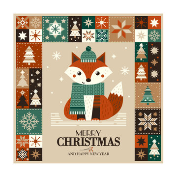 Merry Christmas and Happy New Year! Vector cute illustration of winter fox in a hat and scarf and christmas trees in patchwork style. Xmas vector for card, poster or background.