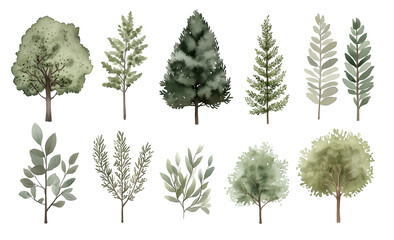 Watercolor Tree Illustrations Featuring a Variety of Green Foliage and Evergreen Trees
