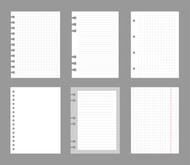 Set of notebook sheets isolated on gray background. Realistic white blanks of checkered, lined and dots paper. Different vertical pages from diary. Vector template.