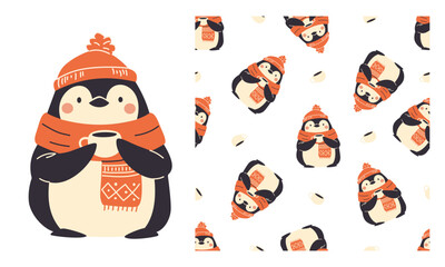 A set of prints for printing on children's products. Seamless vector pattern and print for printing. Cute penguin in scarf and hat drinking tea. Vector illustration