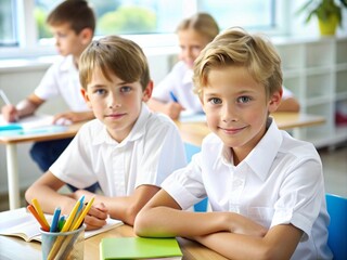 Obraz premium children sitting at a desk at school. Portrait of happy school kids sitting in classroom