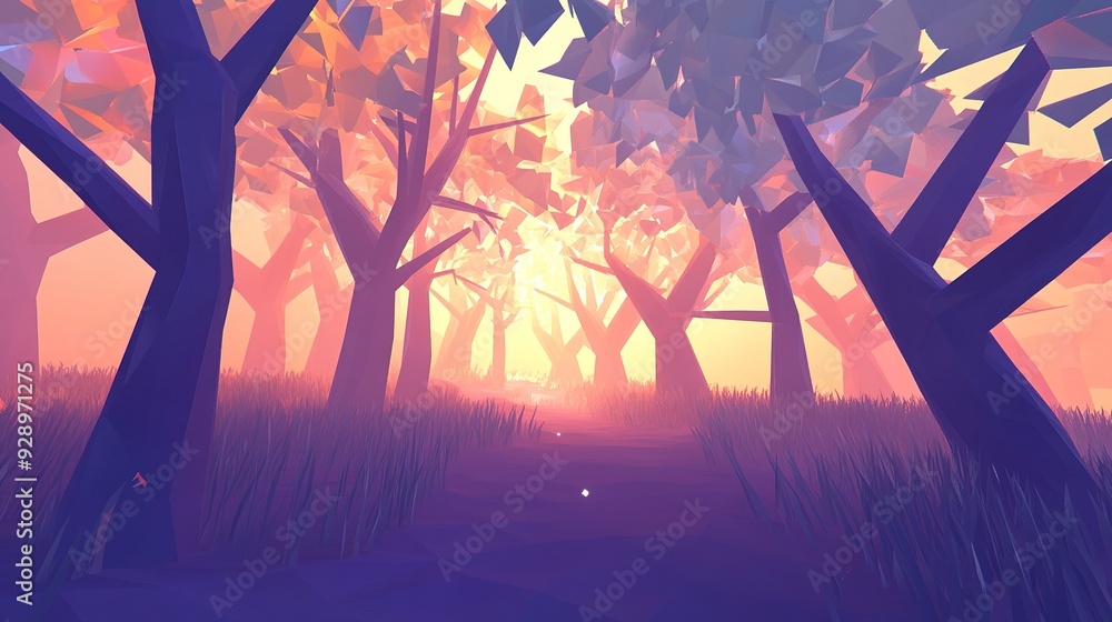 Poster a serene path through a vibrant forest at dusk with colorful trees and soft glowing light