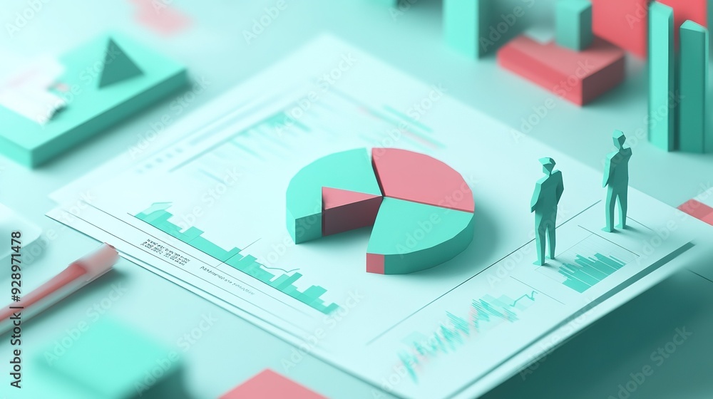 Poster business analysis report with pie chart and figures in a modern office setting