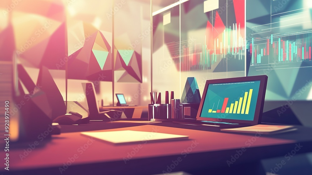 Poster modern office workspace with digital analytics display in a brightly lit setting