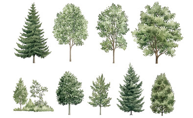 Watercolor Tree Illustrations Featuring a Variety of Green Foliage and Evergreen Trees