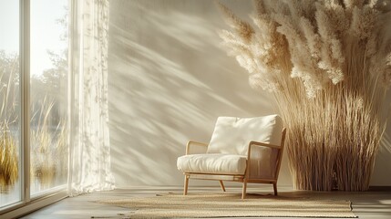 Cozy Minimalist Living Room with Beige Armchair and Dried Pampas Grass.