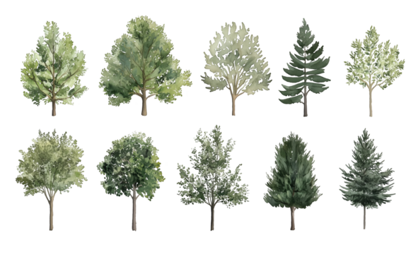 Watercolor Tree Illustrations Featuring a Variety of Green Foliage and Evergreen Trees