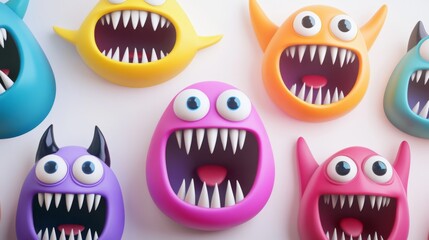 Colorful 3D kawaii monsters with big eyes and fangs, making funny faces for Halloween, set against a white background
