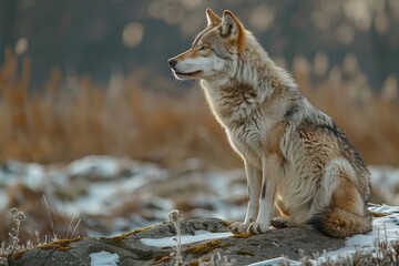 Fototapeta premium Lone wolf in the middle of a snowy forest.