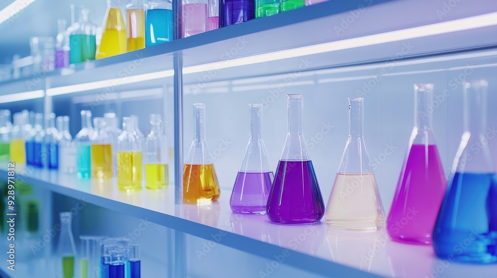 Poster a laboratory shelf displaying colorful liquid-filled glassware for scientific experiments.