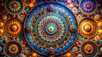 Intricate, vibrant mandalas and sacred geometry patterns adorn ancient temple walls, radiating spiritual energy and mysticism in this stunning, high-contrast, fine-art photograph.