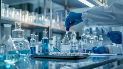 Scientist conduct chemical experiments and research in medical lab as groundbreaking developing for vaccine drug or antibiotic. Pharmaceutical and biochemistry laboratory. Neoteric