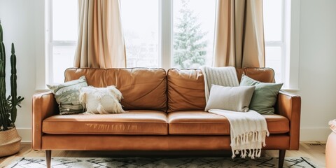 brown leather sofa in front of the window, adorned with boho-inspired pillows and throw blankets on top.