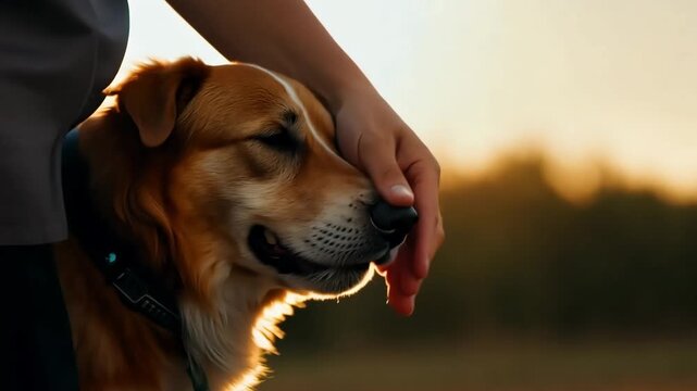 Golden Hour Embrace: A Gentle Hand Comforts Loyal Companion at Sunset 