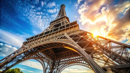 Fototapeta premium Iron latticework tower rises high into the blue sky, its intricate architecture and delicate filigree patterns gleaming in the warm sunlight of a Parisian afternoon.