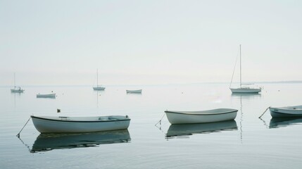 Naklejka premium Small boats float peacefully on a calm, misty lake under a soft, grey sky creating a tranquil and serene scene.