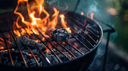 A barbecue grill filled with charred wood and flames, emitting smoke and warmth, suggesting a cozy outdoor cooking scene.