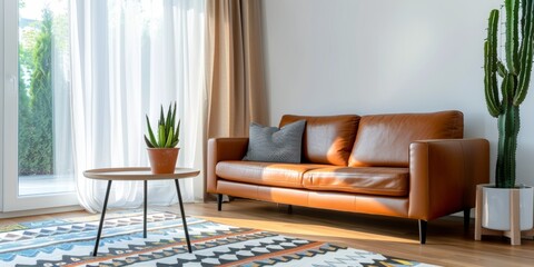 brown leather sofa in front of the window, adorned with boho-inspired pillows and throw blankets on top.