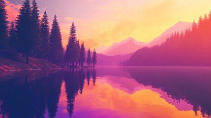 Serene sunset over a tranquil lake framed by pine trees and mountains in the background