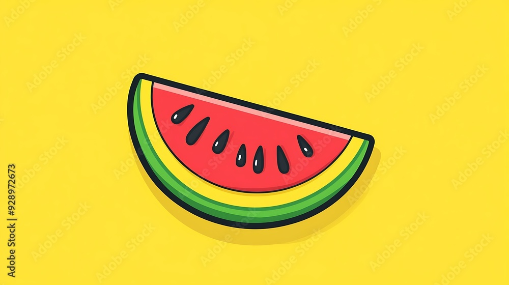 Poster minimalistic watermelon slice vector logo on yellow background with bold black outline in flat desig