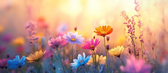 Colorful wildflowers bloom in a field with a soft golden background.
