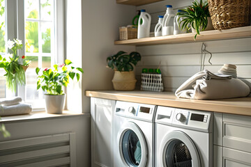 Modern Laundry Room Interior Design with White Cabinets and Washing Machines