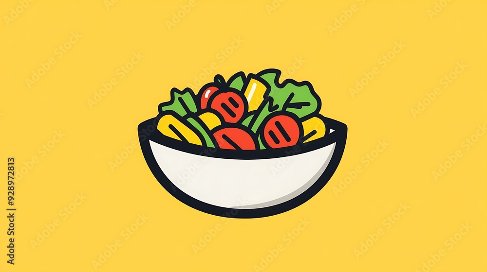 Aufkleber minimalistic vector illustration of bowl of salad on yellow background in flat design with simple li