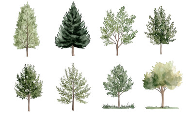 Fototapeta premium Watercolor Tree Illustrations Featuring a Variety of Green Foliage and Evergreen Trees