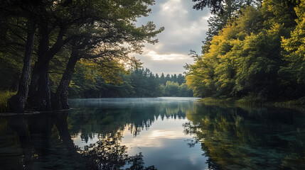 a large body of water surrounded by trees