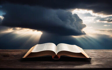 open bible on cloudy sky background concept religion