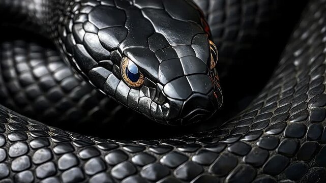 Black snake staring with scales glistening in the light