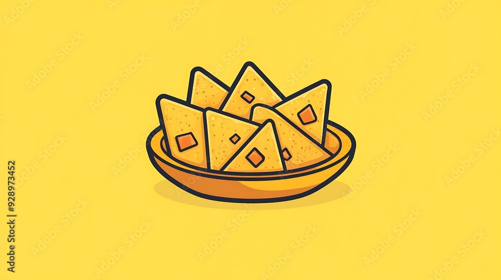 Poster minimalistic line drawing of nachos plate - vector logo illustration on yellow background with simpl