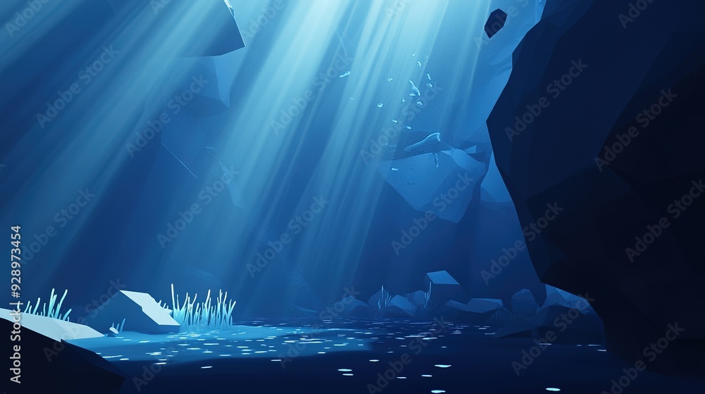 Poster tranquil underwater cave illuminated by soft blue light with floating particles