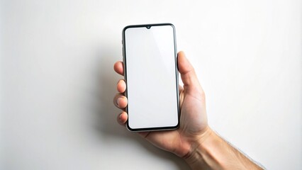 Isolated shot of a solitary hand cradling a sleek smartphone on a pristine white background, emphasizing the device's sleek design and vibrant screen.