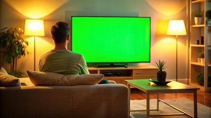 Isolated silhouette of a person sitting on a couch in front of a green screen displaying a blurred TV broadcast, with a cozy living room background.