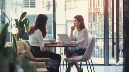 Two professionals discuss work at a modern café, the natural light from large windows emphasizing their engaged and focused expressions.