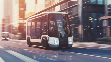 A sleek and futuristic driverless bus speeding through a modern urban landscape, showcasing advanced technology and innovation.
