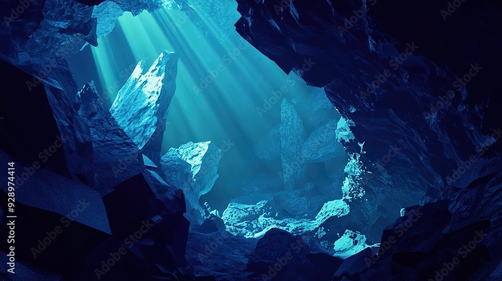 Poster underwater cave with light rays illuminating rocky formations in a tranquil setting