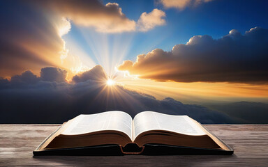 open bible on cloudy sky background concept religion